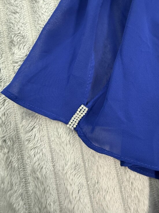 MSK Chiffon Sheath Rhinestone Trim Dress Womens M Royal Blue Asymmetric Cape - Picture 8 of 12